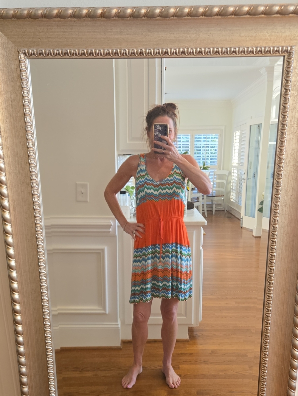 Soprano Orange and Teal Chevron Drawstring Waist Mini Dress